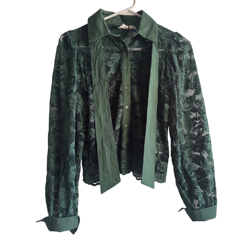 Dolan Left Coast Collection Green Floral Lace Tie Neck Button Down Blouse XXS